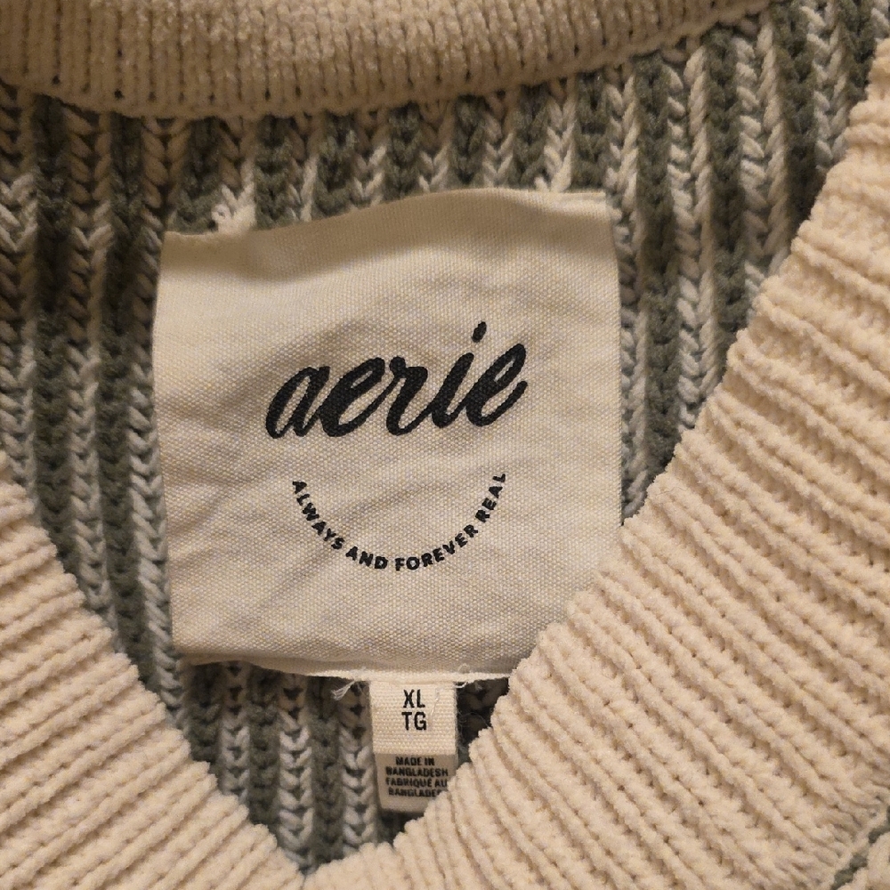 aerie V-Neck Ribbed Sweater in Ivory and Green Stripe - Picture 2 of 5